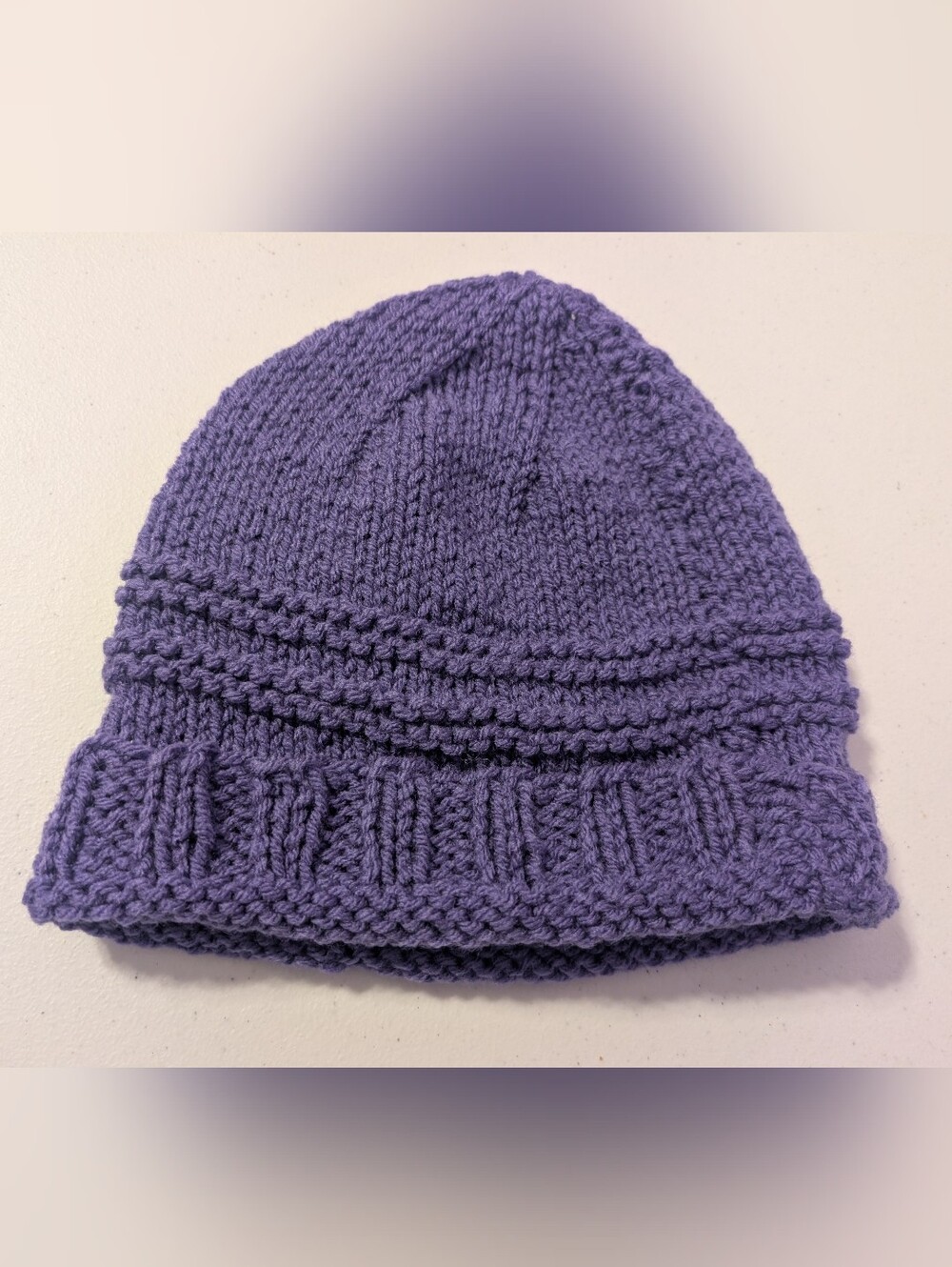 Handknit Winter Beanie Hat Women's Rolled Cuff Cap Purple Handmade One Size
